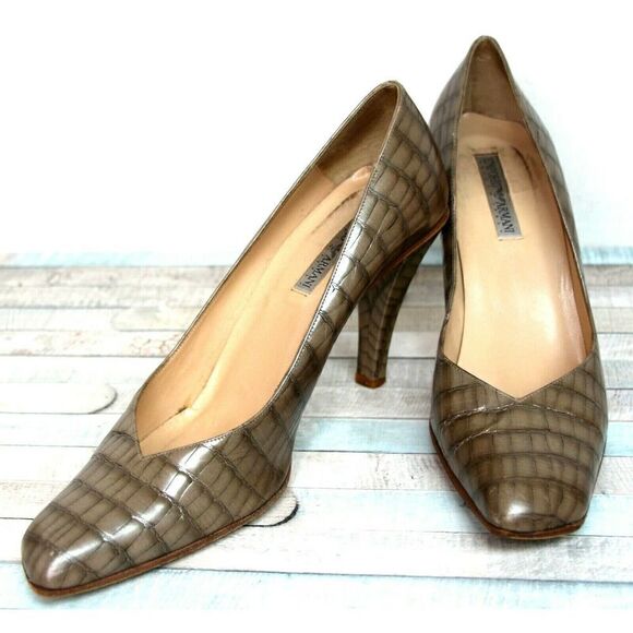 EMPORIO ARMANI PEARL BEIGE CROCO GENUINE LEATHER HIGH HEEL PUMP SHOES 38.5 8.5 - Picture 2 of 10